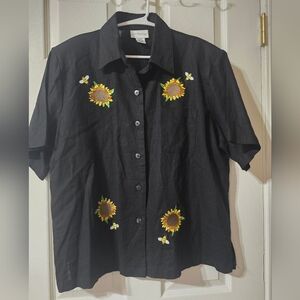 Anna Maxwell Embroidered Linen Blend Button Down Top, Grandma Vibes, EUC!